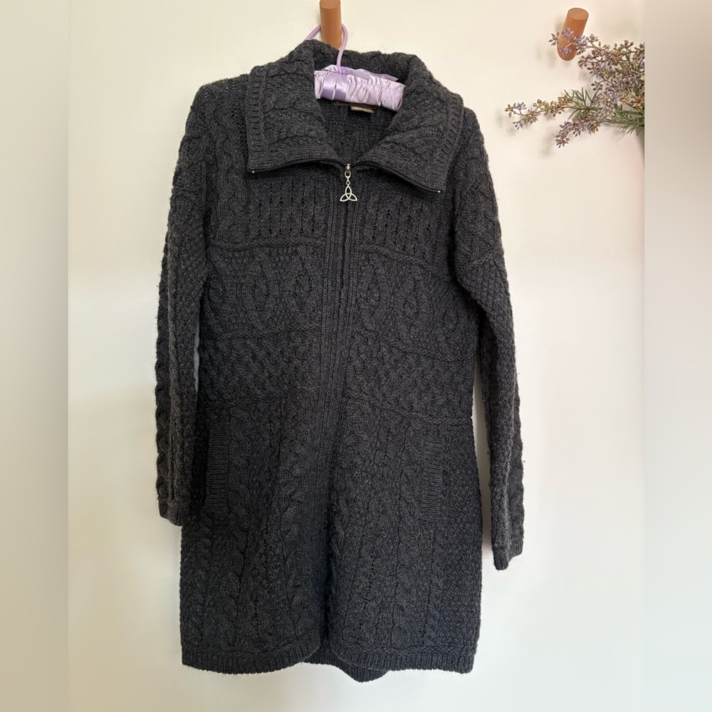 Irish Merino Wool  Celtic Cable Knit Sweater Coat M